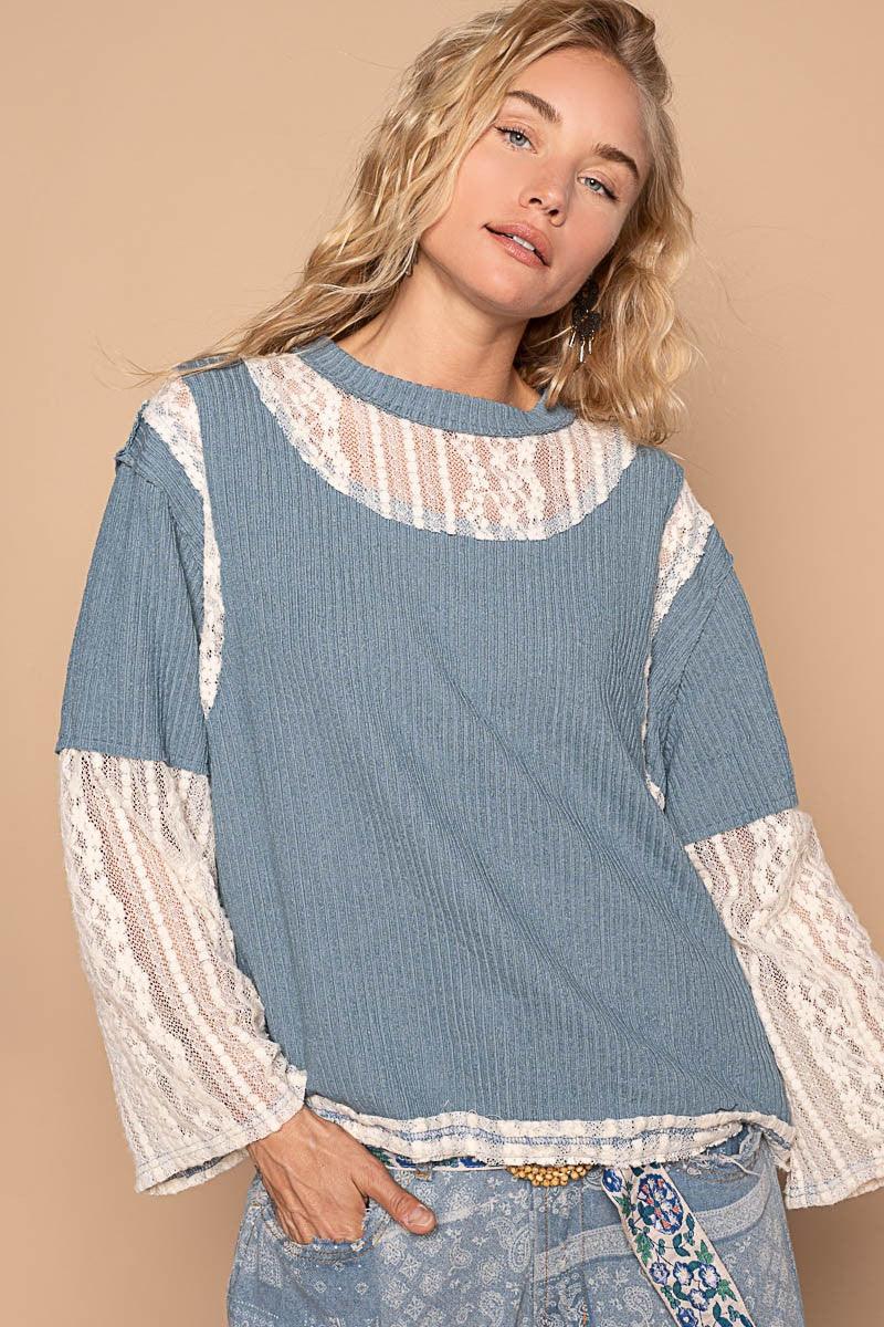 POL Women Blouse Ribbed Lace Panel Round Neck Long Sleeve Top