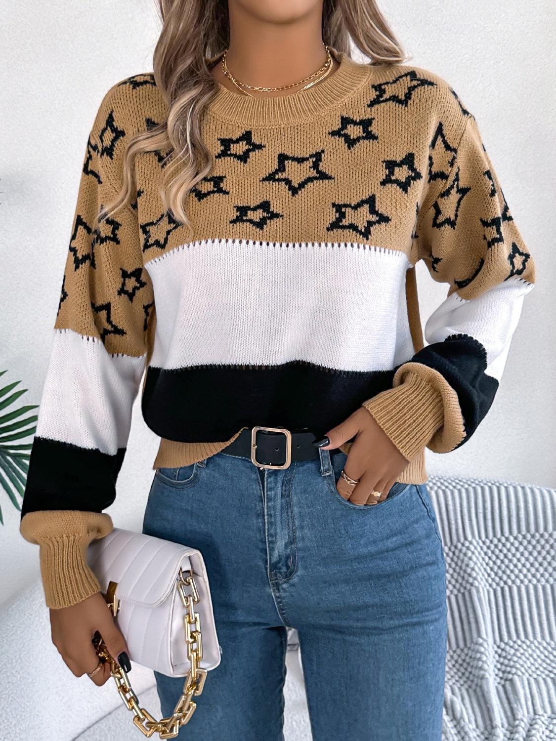 Sweater Star Contrast Round Neck Long Sleeve Knitwear Camel ef4af0bd-015e-498f-b272-a28e55881b55-Max Trendsi
