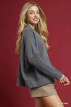 Umgee Sweater Gray V-Neck with Wide Trim Detail Ribbed Pullover ef59924b-4ee9-4002-b4fd-679c78c03da7-Max-Origin Trendsi