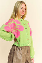 Davi & Dani Women Cardigan Flower Lime Round Neck Long Sleeve Sweater ef630010-360b-401c-b97f-3caf2de734be-Max Trendsi