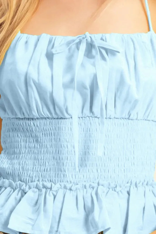 HYFVE Cami Top Light Blue Poplin Smocked Waist Summery Ruffled ef659de733b84d2d928cfef8c5972fcd-Max-Origin Trendsi