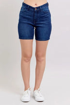 Judy Blue Bermuda High Waist V-Front Dark Blue Pocketed ef674e1fbe884549bcf283abfc08bfdd-Max-Origin Trendsi