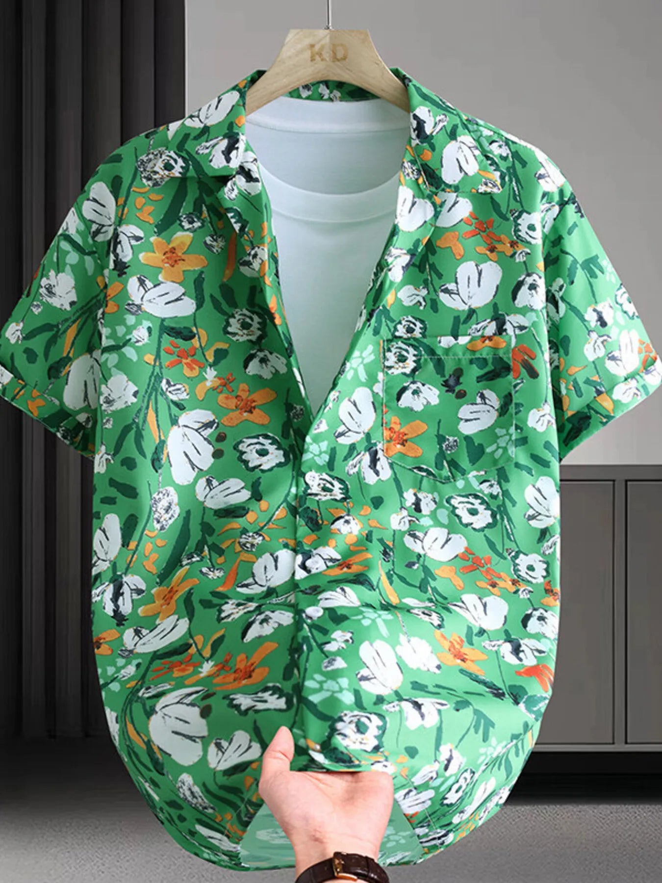 Men's Shirt Hawaiian Colorful Print Short Sleeve Button Up Top Dark Green ef74d2515d454c5d94deb3bfdde8fda8-Max-Origin Trendsi