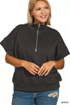 Zenana Womens Sweatsirt Black Scuba High Neck Half Zip Short Sleeve Top ef750387-45e5-43ab-92f9-4ad5aa9403b4-Max-Origin Trendsi