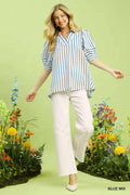 Umgee Striped Puff Sleeve Blouse with V-Neck and Wide Collar Detail