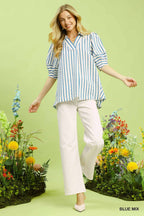 Umgee Striped Puff Sleeve Blouse with V-Neck and Wide Collar Detail