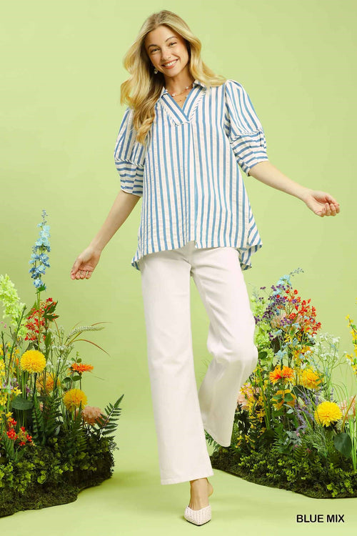 Umgee Striped Puff Sleeve Blouse with V-Neck and Wide Collar Detail