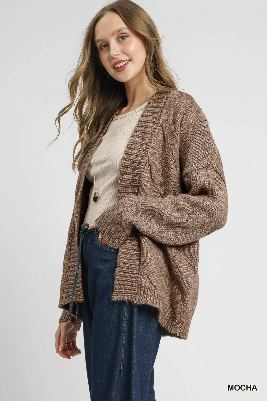 Umgee Womens Cardigan Chunky Cable Knit Mocha Woolen Knit Open Front ef7749f7-073e-4724-a700-a6fef26739a9-Max-Origin Trendsi