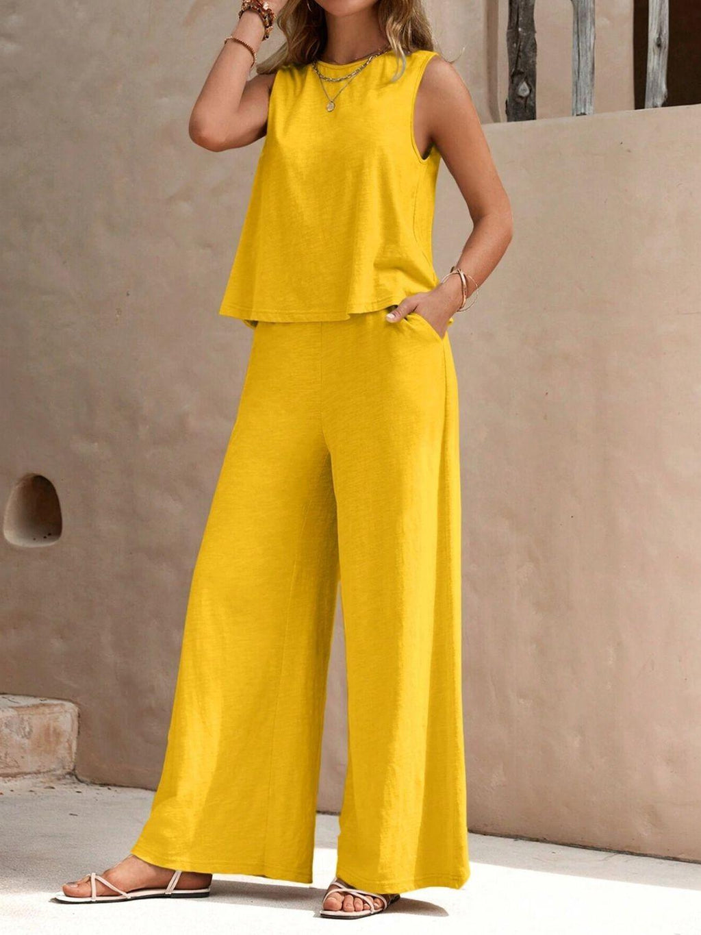 Outfit Set Round Neck Sleeveless Top and Wide Leg Pants Set Gold ef7acfdf-9199-47be-bcbe-75e01cfea3cc-Max Trendsi