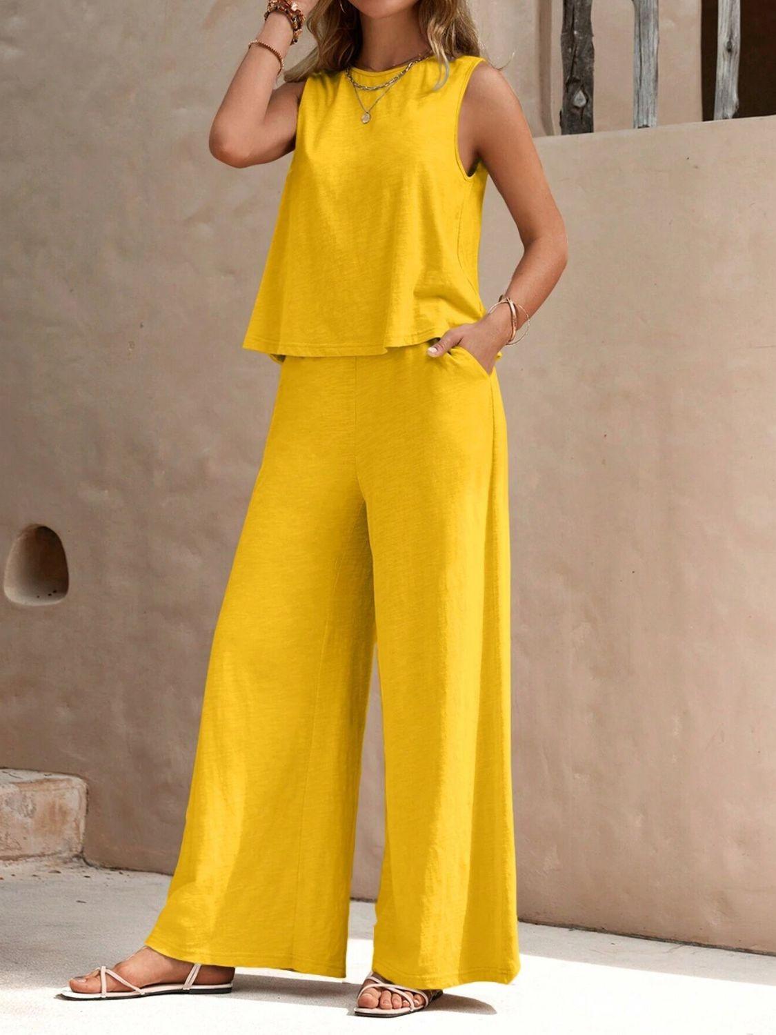 Outfit Set Round Neck Sleeveless Top and Wide Leg Pants Set Gold ef7acfdf-9199-47be-bcbe-75e01cfea3cc-Max Trendsi