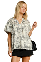 Umgee Blouse Floral Print Metallic Ruffle Black Short Sleeve Top Black ef7be315-0116-4039-8d39-42e1a3f52309-Max Trendsi