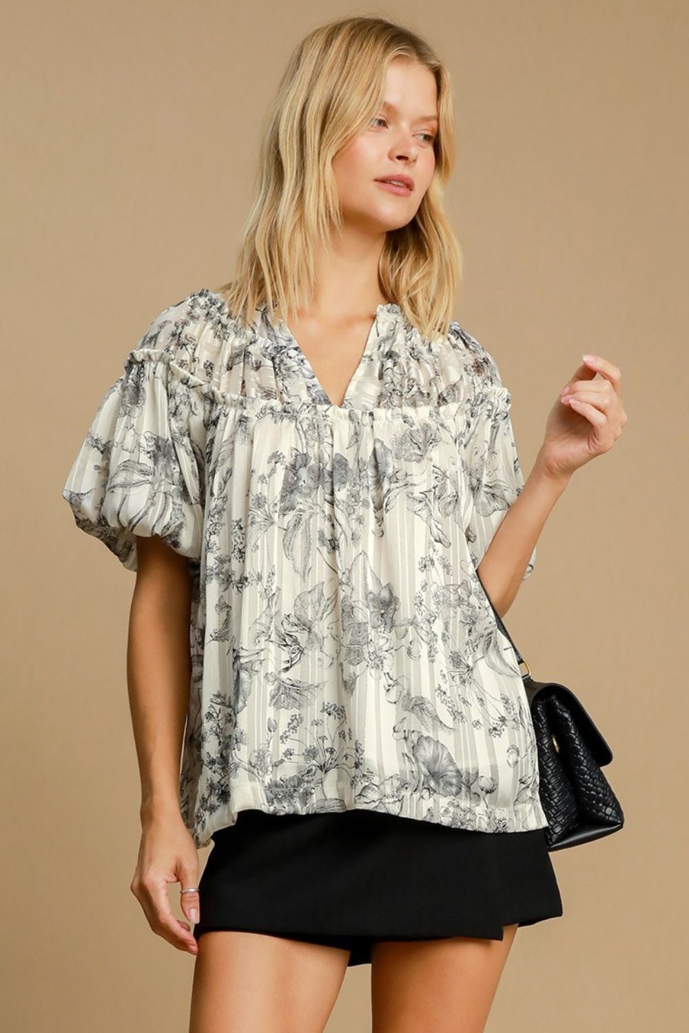 Umgee Blouse Floral Print Metallic Ruffle Black Short Sleeve Top Black ef7be315-0116-4039-8d39-42e1a3f52309-Max Trendsi