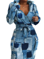 Full-Length Plus Size Printed Dress with Drawstring Waist and Surplice Neckline