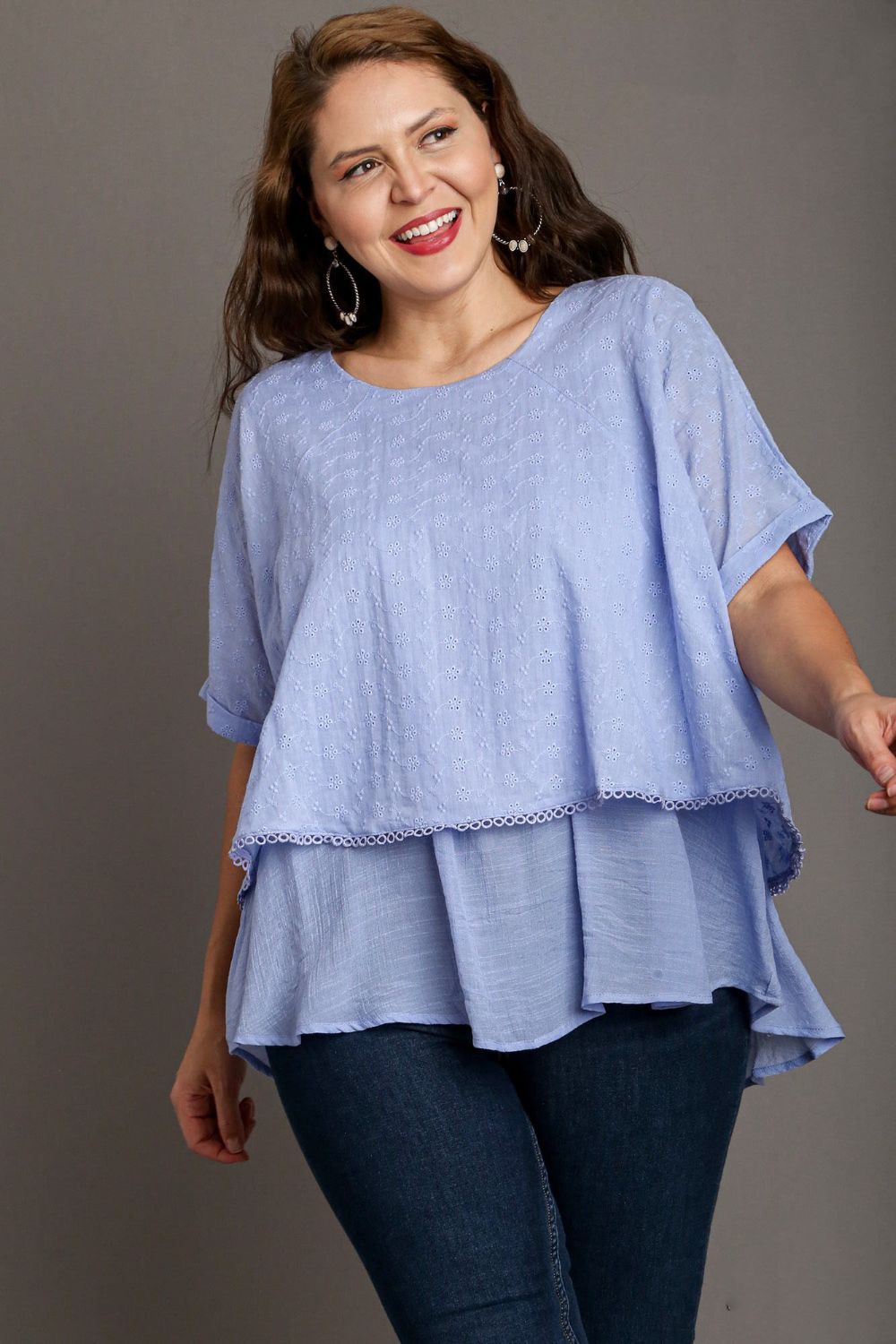 Umgee Blouse Light Blue Eyelet Layered Cotton Short Sleeve Top ef86570f-1c89-46df-b215-7dcd7b00708b-Max Trendsi