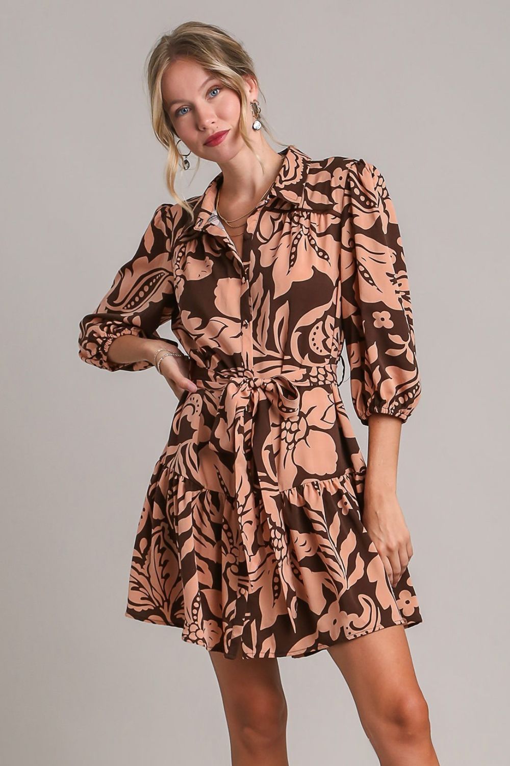 Umgee Shirt Mini Dress Brown Floral Print Puff Sleeve Tie Waist S-2XL ef872eeb-7d95-48c2-a50b-37c6567ac81d-Max Trendsi