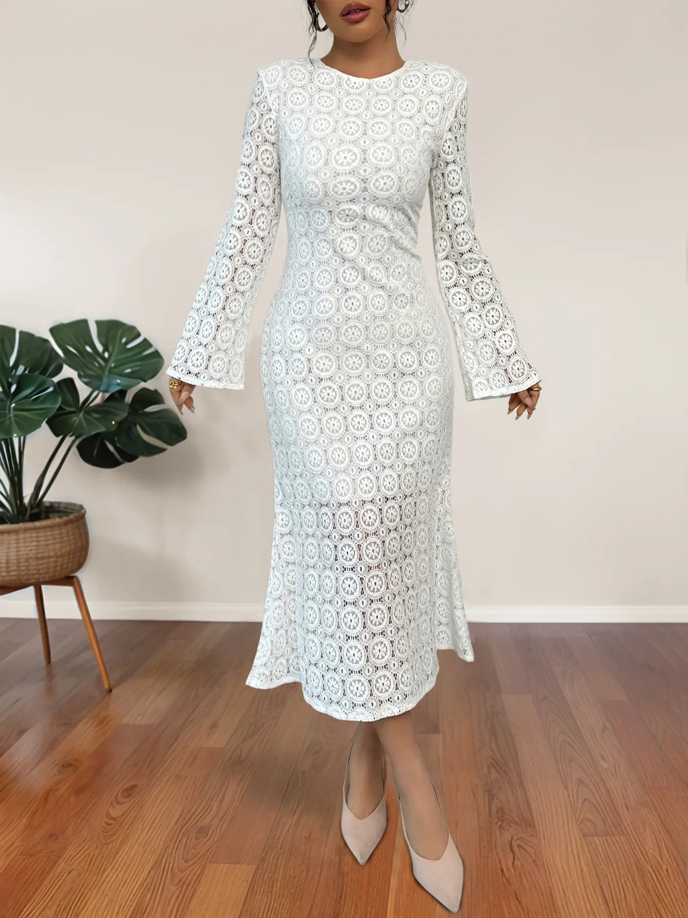 Midi Dress White Crochet Lave Floral Long Sleeve Zipper Lined White ef957ba3b4b24c0cabd09c8de6ce1b8d-Max-Origin Trendsi