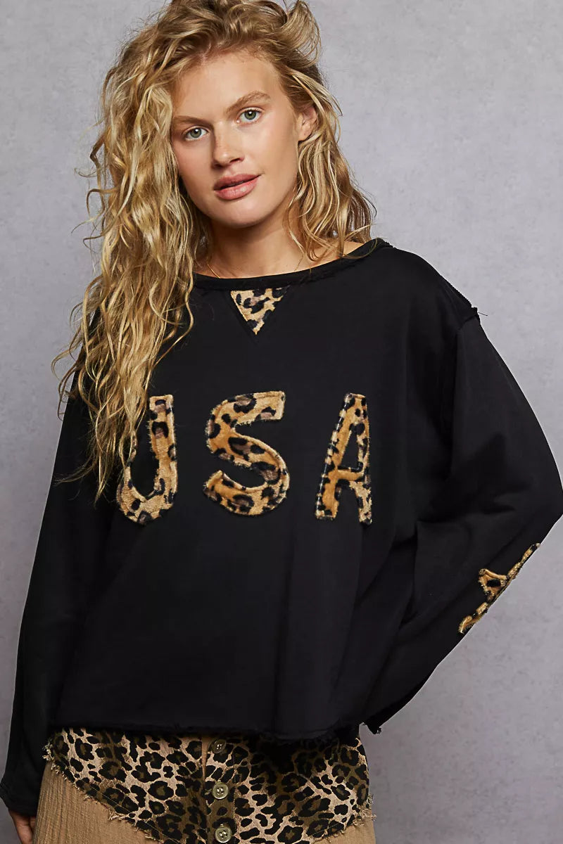POL Sweatshirt Black Long Sleeve French Terry with USA Letter Animal Patch ef9d87e6-6e5d-4324-8b77-af07db1c2132-Max-Origin Trendsi