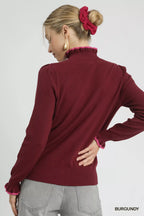 Umgee Women's Sweater Burgundy Ribbed Round Neck with Ruffle Contrast Trim ef9f27b7-744a-4d62-8104-bf03a0eb8869-Max-Origin Trendsi