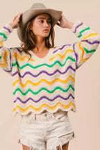 BiBi Womens Sweater Mardi Gras Wavy Stripes V-Neck Open Knit Pullover efa8d1f4ef86467fa9846cbd76a83990-Max-Origin Trendsi