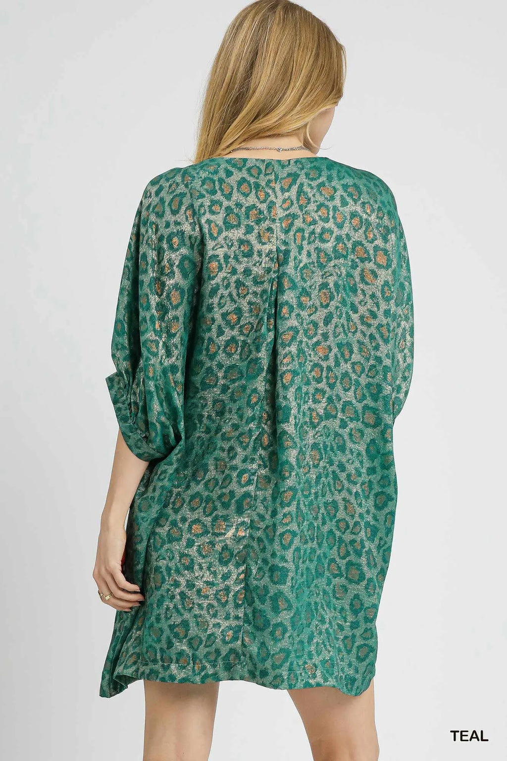 Umgee Kimono Dress Metallic Teal Leopard Print Brown V-Neck Oversized efae4c90-532a-4c56-bcb5-e1dcd2dea7b2-Max-Origin Trendsi