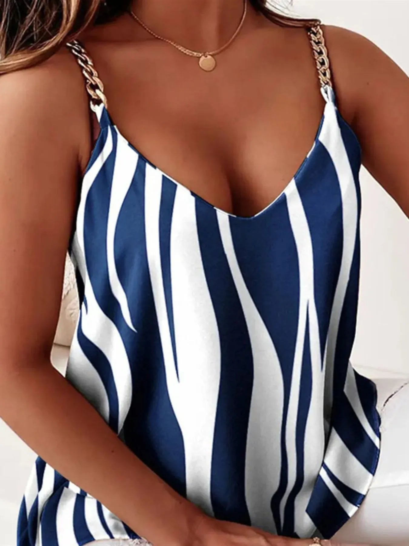 Women's Tank Top Chain Strap V-Neck Blouse Blue Stripe efd5a547-2371-44e0-a5dd-aa53be22d053-Max-Origin Trendsi