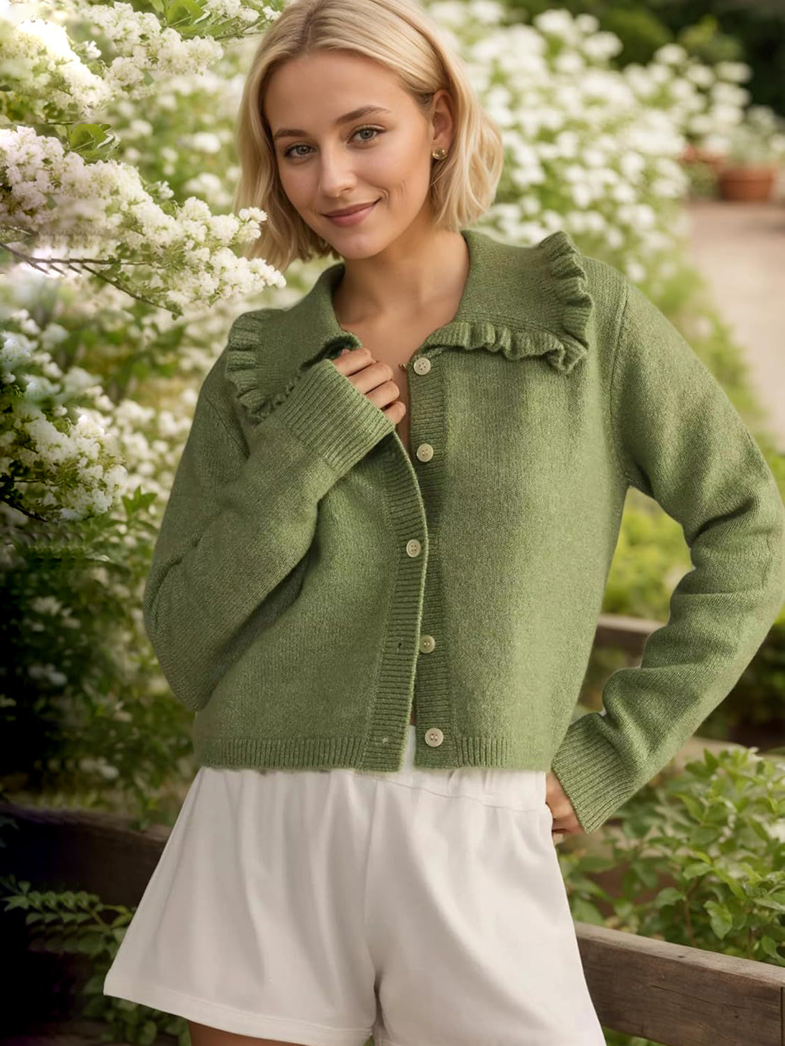Women Cardigan Frill Collared Cotton Blend Knit Button Up Neck Long Sleeve Matcha Green efdc5871-d790-4a91-b033-0fd71c7f1ee5-Max Trendsi