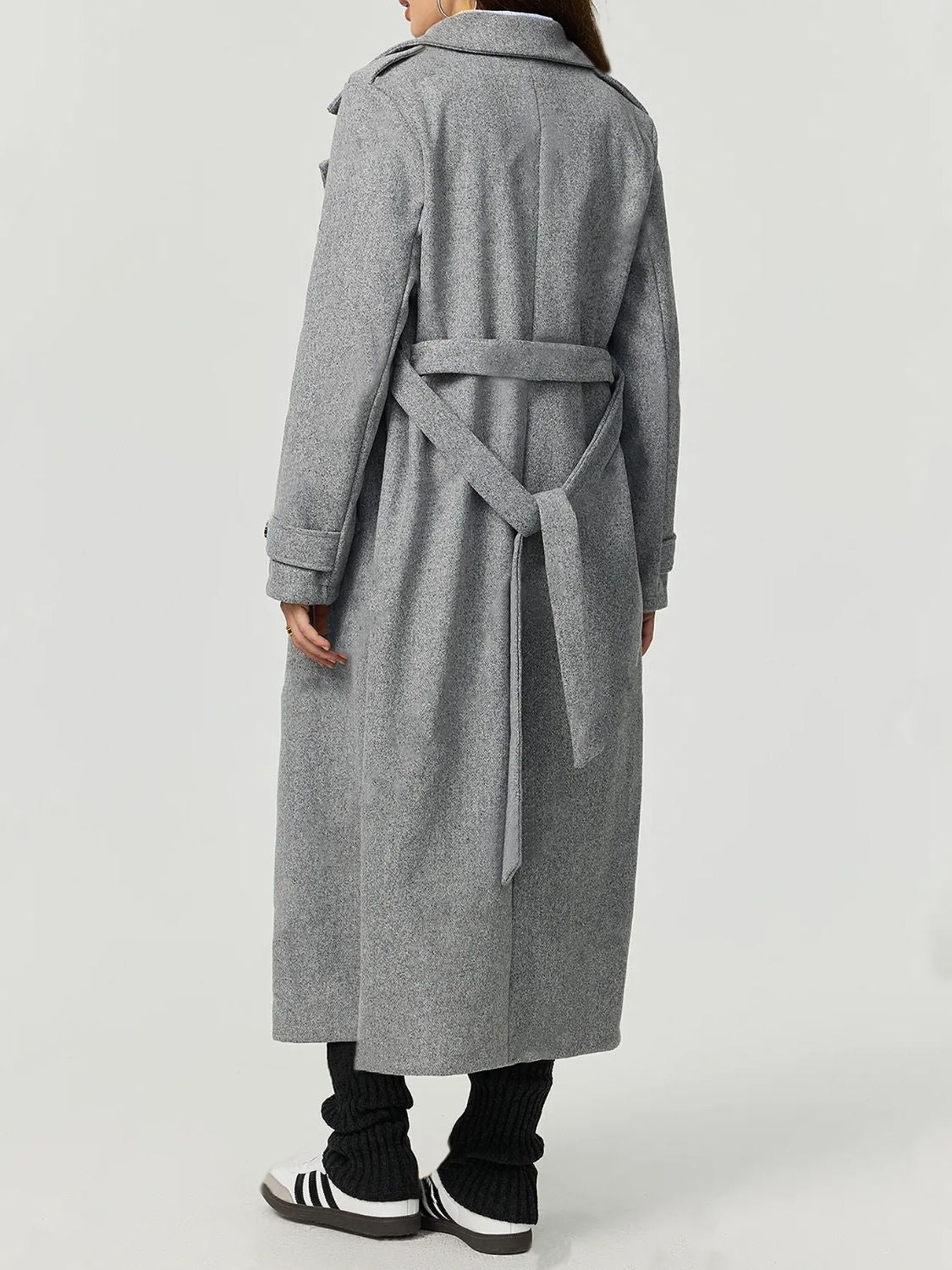 Women Gray Longline Trench Coat Collared Neck Long Sleeve Belted Pocketed