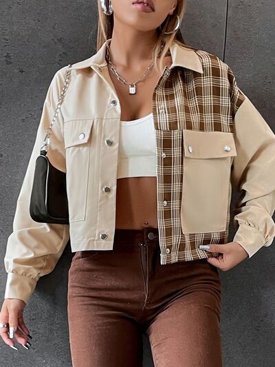 Plaid Wome's Jacket Cropped Color Block Beige Snap Down Flap Pockets Long Sleeve efe00160-54dd-4288-b4d2-113255f74be5-Min Trendsi