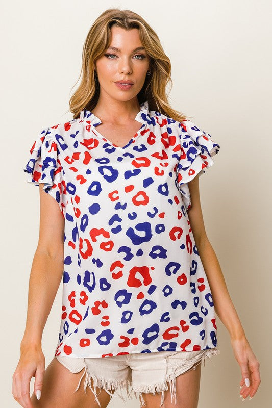BiBi Blouse Colorful Leopard Print Notched Ruffled Cap Short Sleeve Top efe497b5-931c-4dc9-9a78-b12e6a013f30-Max Trendsi