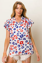 BiBi Blouse Colorful Leopard Print Notched Ruffled Cap Short Sleeve Top efe497b5-931c-4dc9-9a78-b12e6a013f30-Max Trendsi