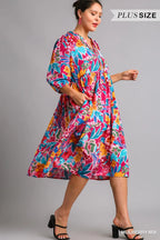 Umgee Midi Dress Floral Mulberry Mix Print Tie Neck with Pockets 3/4 Sleeve efe5a9e2-69b3-4ed4-9bb5-dcdce450e82f-Max-Origin Trendsi