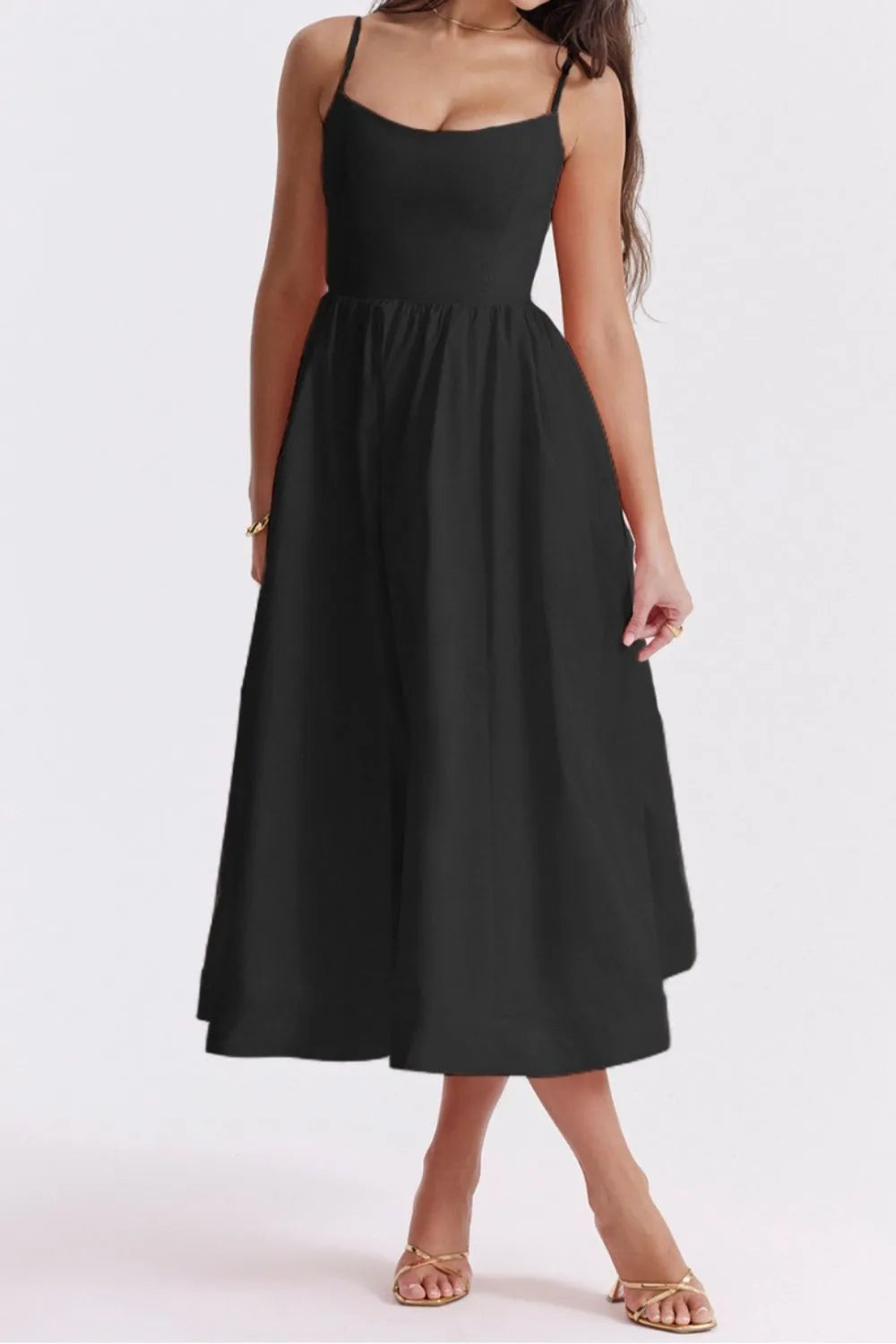 Floral Midi Dress Spaghetti Strap Ruched Zipper High Waisted Black efe6b865-b702-47a0-b9b6-7508936ecf3f-Max-Origin Trendsi