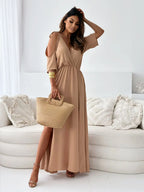 Maxi Summer Dress V Neck Tied Shoulder Slit Short Sleeve High Waisted efe73c44-6c83-4372-a555-6493acbb2921-Max-Origin Trendsi