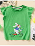 Children's Ruffled Cap Sleeve T-Shirt with Rabbit Embroidery