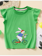 Children's Ruffled Cap Sleeve T-Shirt with Rabbit Embroidery
