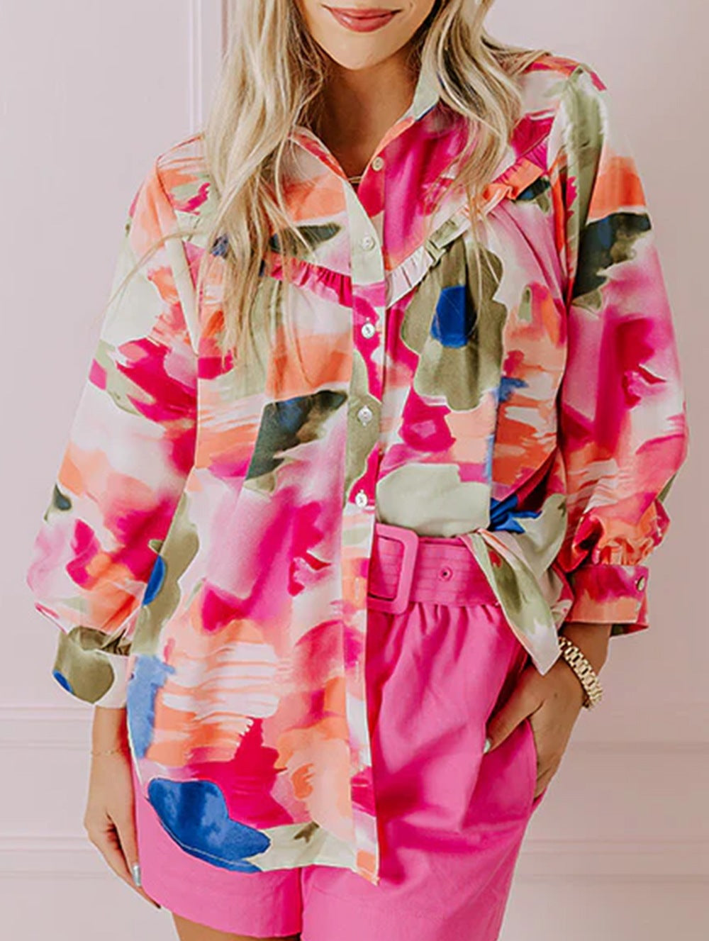 Women's Shirt Floral Pink Print Collared Ruffle Long Sleeve Blouse effd3cdd-996a-42a2-b0f2-7a4f9beb68b8-Max Trendsi