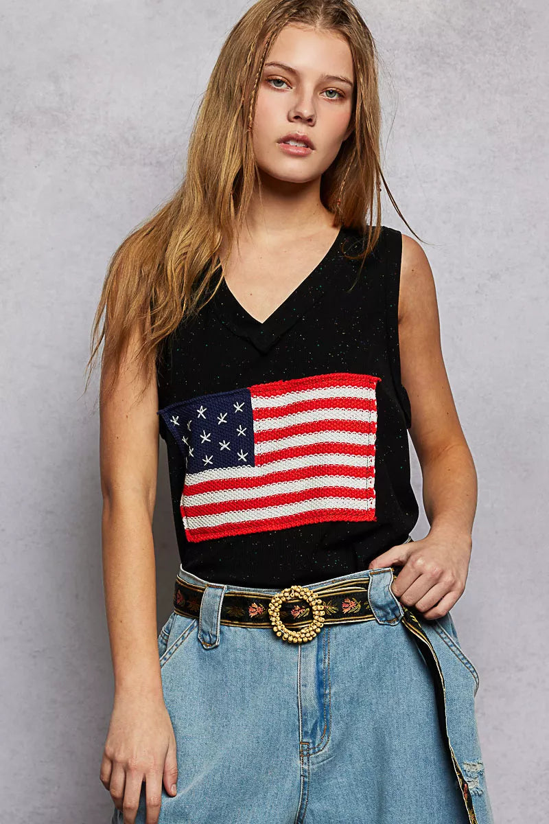 POL V-Neck Ribbed Tank with American Flag Patch and Star Back Patch