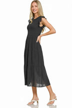 Zenana Midi Dress Black Woven Smocked Ruffle Short Sleeve Smocked f00d3b46-8094-42ef-adfe-cb3c31733618-Max-Origin Trendsi