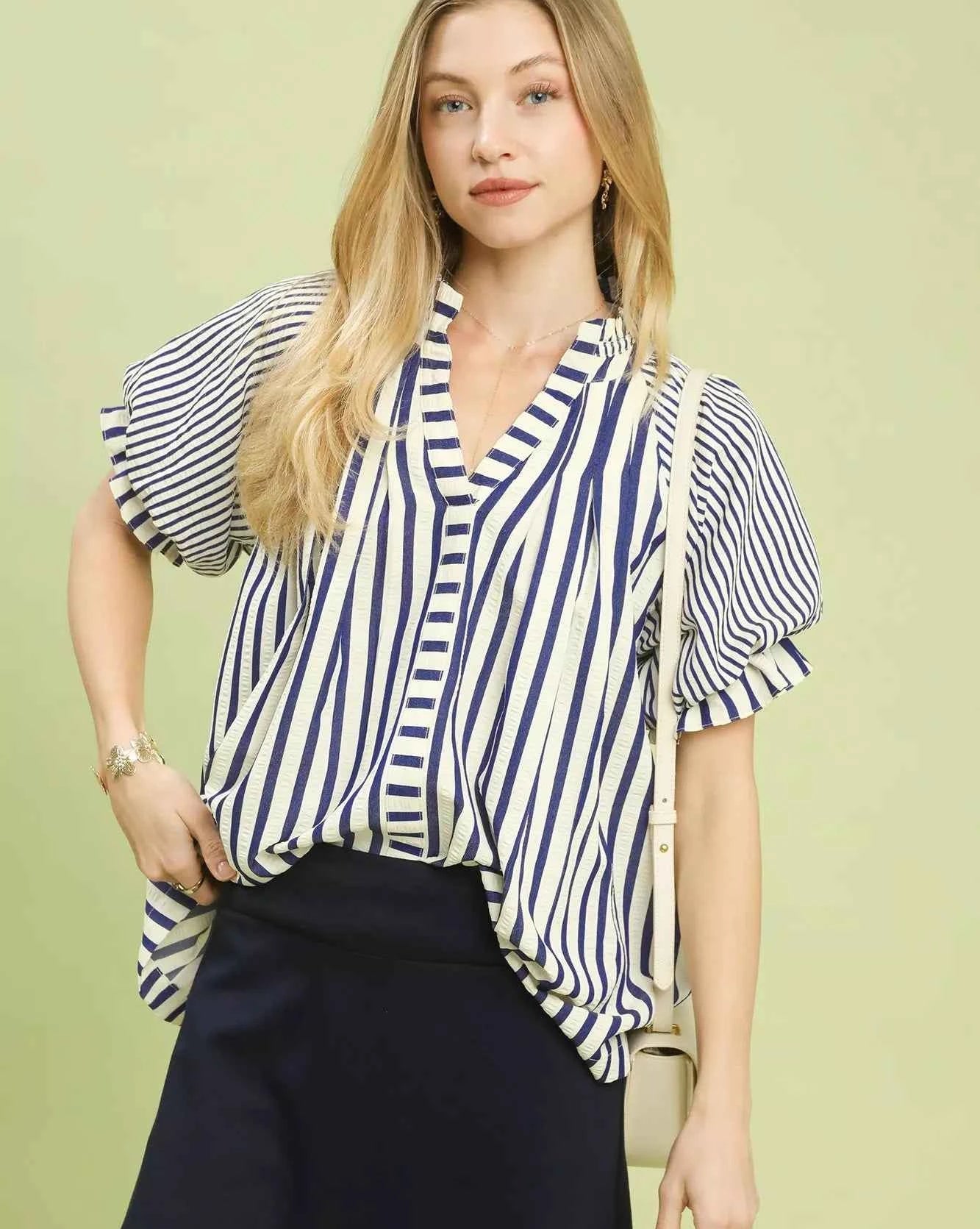 Umgee Women Blouse Blue Striped Notched Top with Short Flutter Sleeves BLUE f016ae55-5cae-4615-aed5-7ddfcf013285-Max-Origin Trendsi