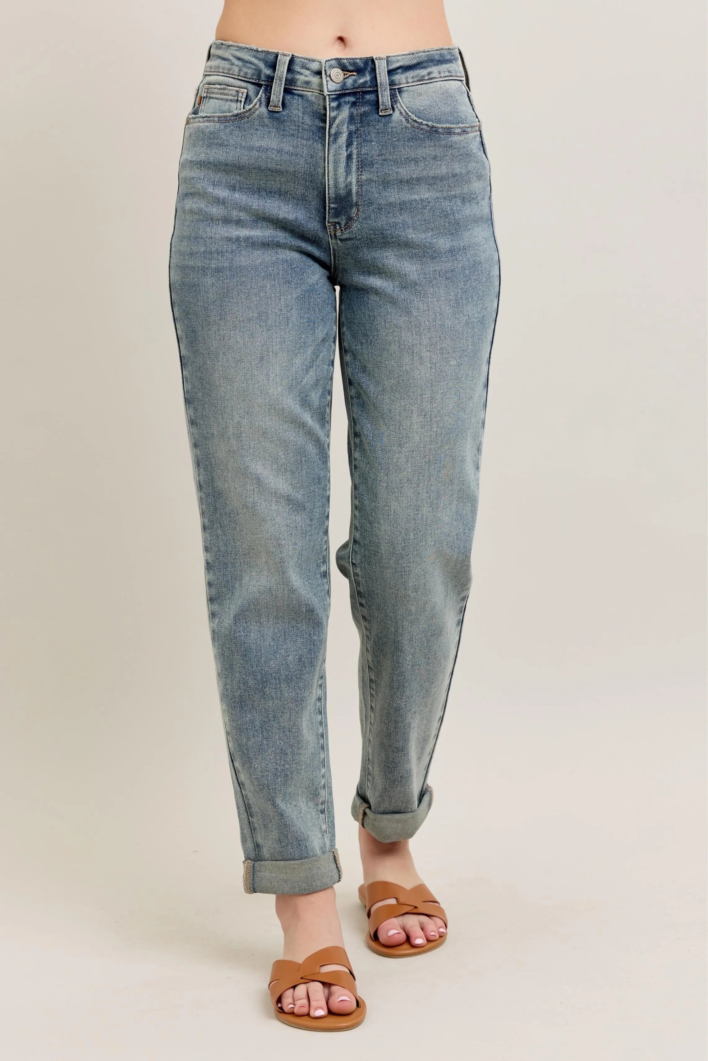 Judy Blue Jeans High Wasited Medium Wash Double Roll Cuff Bf Denim Pants f029354938ca48c59df7a5ffd0946951-Max-Origin Trendsi