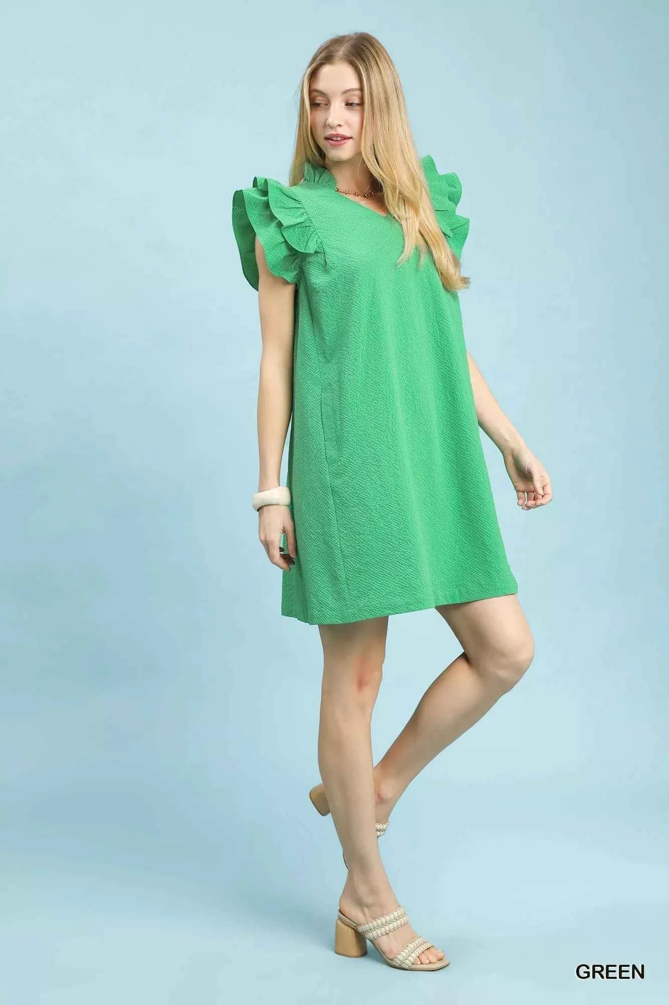 Umgee Shift Dress Green Seersucker Ruffle Short Sleeve f02b6d42-dd6d-4685-a22b-ea78484048b5-Max-Origin Trendsi