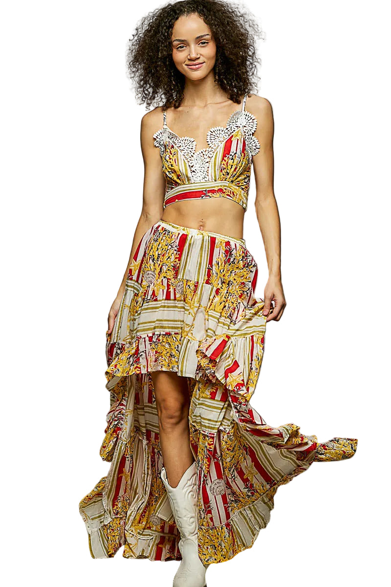 POL Boho Chic Floral Print Crop Top and High-Low Skirt Two-Piece Set