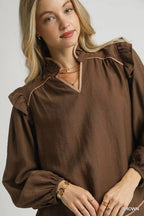 Umgee Womens Blouse Brown Ruffle Shoulder Long Sleeve Top f0381ce2-dd53-4f52-9c81-57c7eed05817-Max-Origin Trendsi