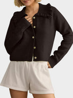 Women Cardigan Frill Collared Cotton Blend Knit Button Up Neck Long Sleeve Black f03ed3a2-b797-43a6-a842-9bbbf44168e4-Max Trendsi