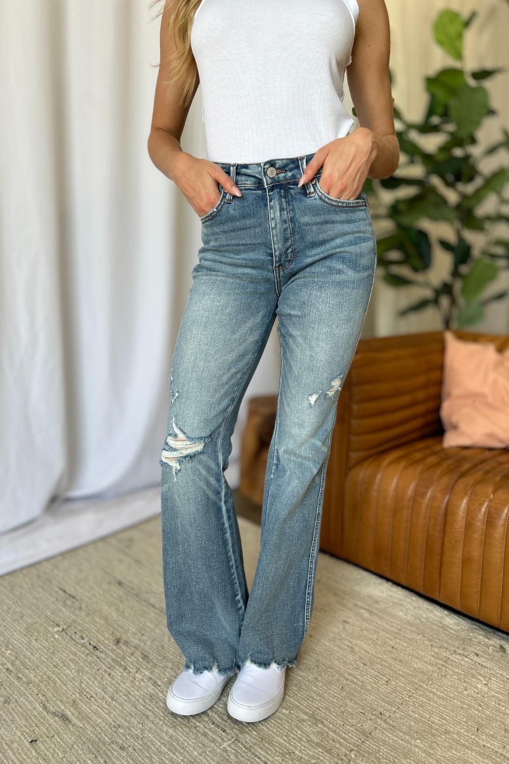 Judy Blue US Flare Jeans Medium Rise Tummy Control Destroy Denim Pants f042287b-fa7a-4b8c-9e39-affdfaf7df0a-Max Trendsi