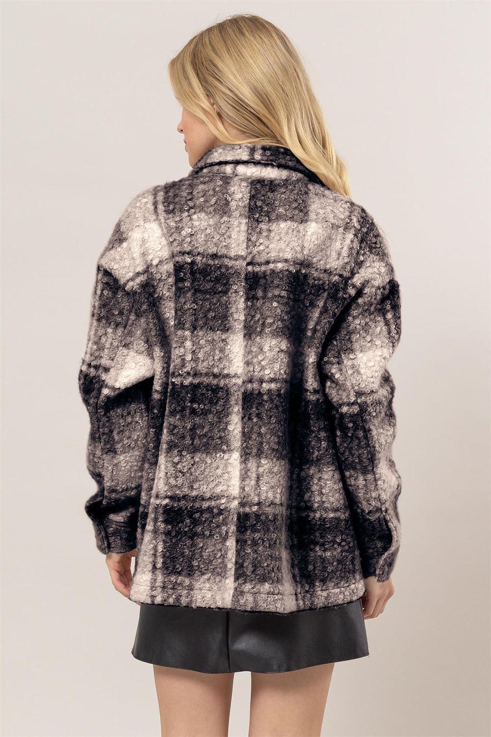 HYFVE Plaid Black Jacket Women Button Up Curly Fur Pocketed Coat f042ff02-1f9b-463f-913d-cb5bcf736b5c-Max Trendsi