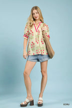 Umgee Womens Blouse Ecru Floral V-Neck Puff Short Sleeve Top f0440c08-c18d-4db6-9e96-0f5d3d17fb28-Max-Origin Trendsi