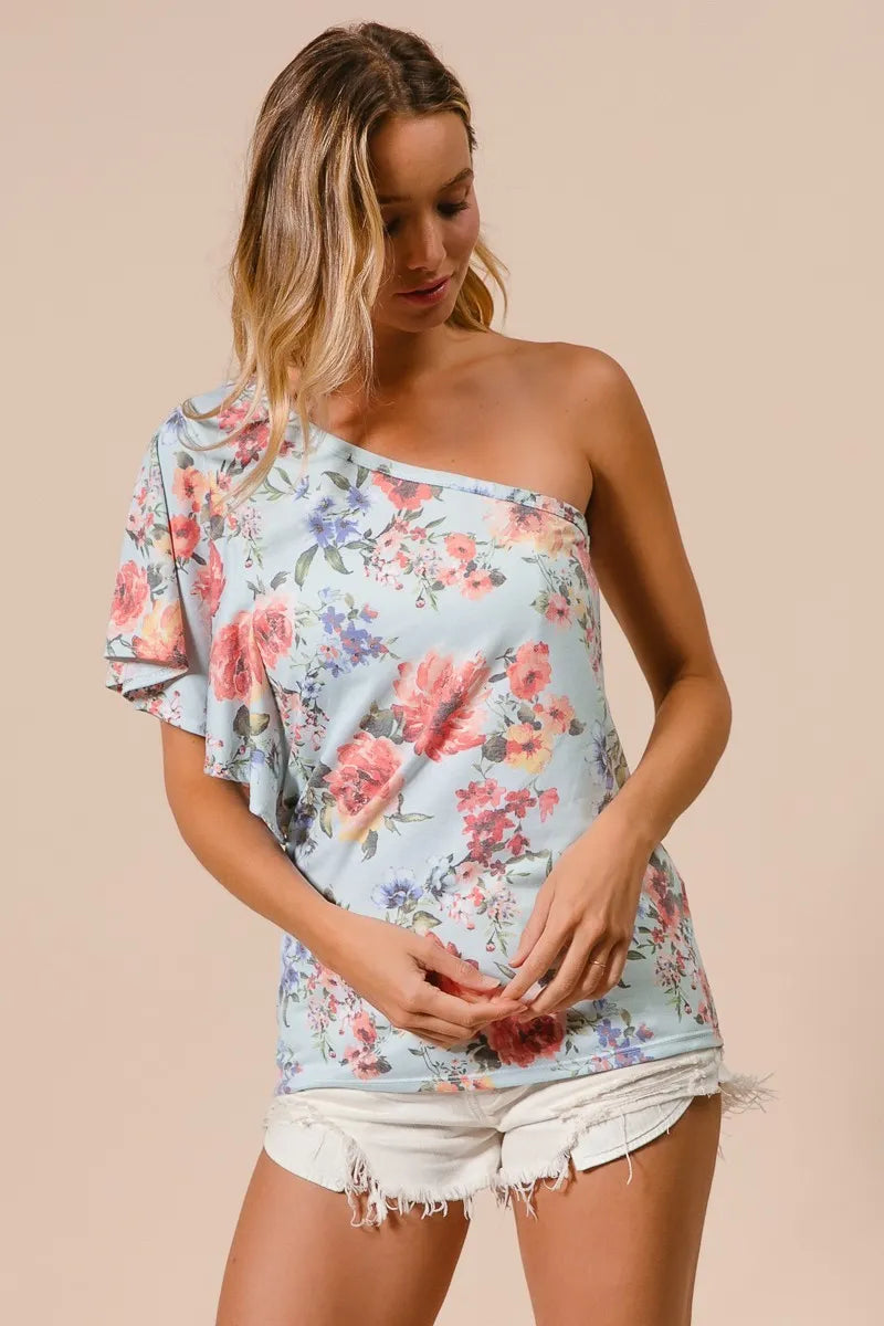 BiBi Floral Top Printed Jersey Knit Ruffle Sleeve One Shoulder f045cabcd98749fd80aaa7c0554ce6ff-Max-Origin Trendsi