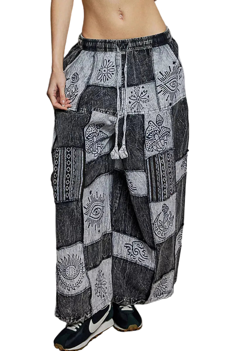 POL Drawstring Patchwork Wide-Leg Pants for Women