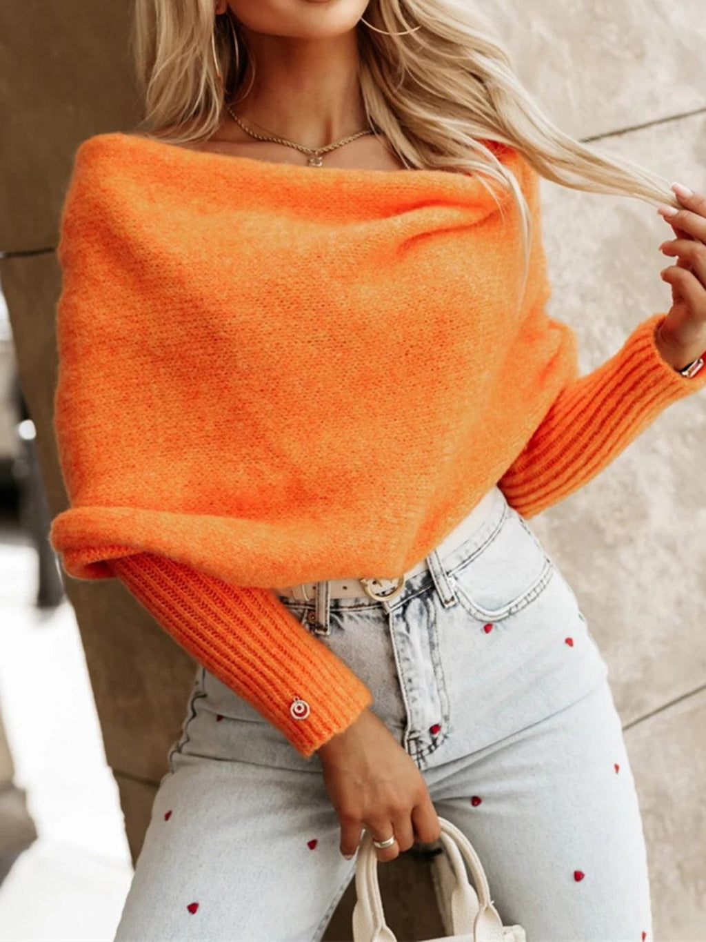 Cropped Knit Top Twist Off Shoulder Long Sleeve Basic Style Orange One Size f04c221a-639a-44e7-95e9-12a657628403-Max Trendsi